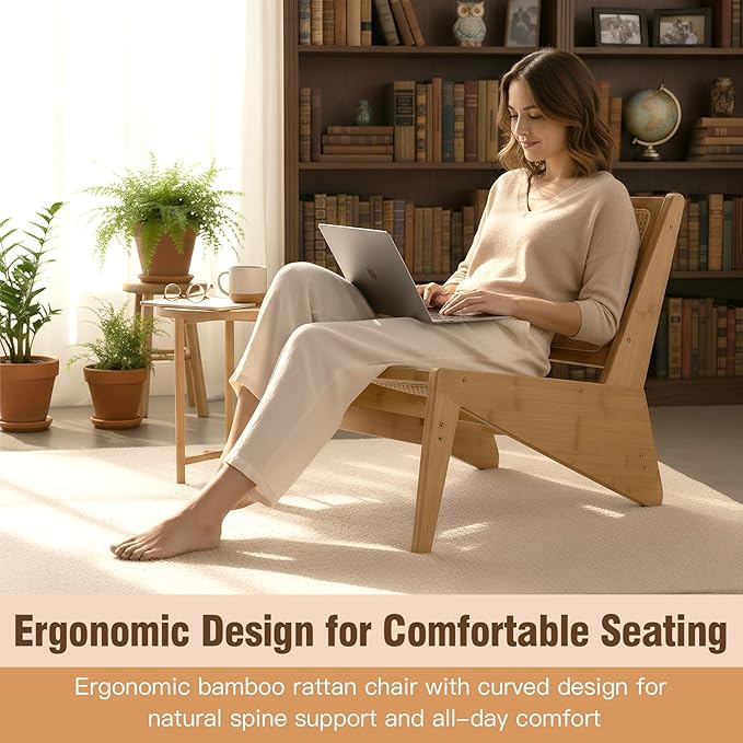 Welnow 2-Pcs Mid Century Rattan Accent Chair Bamboo Wood Lounge Chair with Woven Cane Backrest Low Armchair for Living Room Bedroom Balcony or Reading Corner Natural