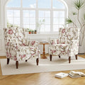 Floral High Back Accent Chair Upholstered Armchair with Solid Wood Legs Comfy Wingback Reading Single Sofa Chair for Small Spaces Living Room Bedroom(Floral Beige Set of 2)