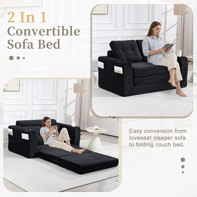 53'' Folding Sofa Bed Boneless Loveseat Sleeper Sofa 2 in 1 Convertible Foldable Pull Out Sofa Bed with Pillows Comfy Cloud Floor Couch for Living Room Small Space No Assembly (Black)