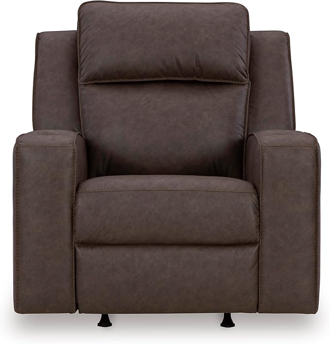 Signature Design by Ashley Lavenhorne Contemporary Faux Leather Upholstered Manual Rocker Recliner with 2 Cup Holders Dark Brown
