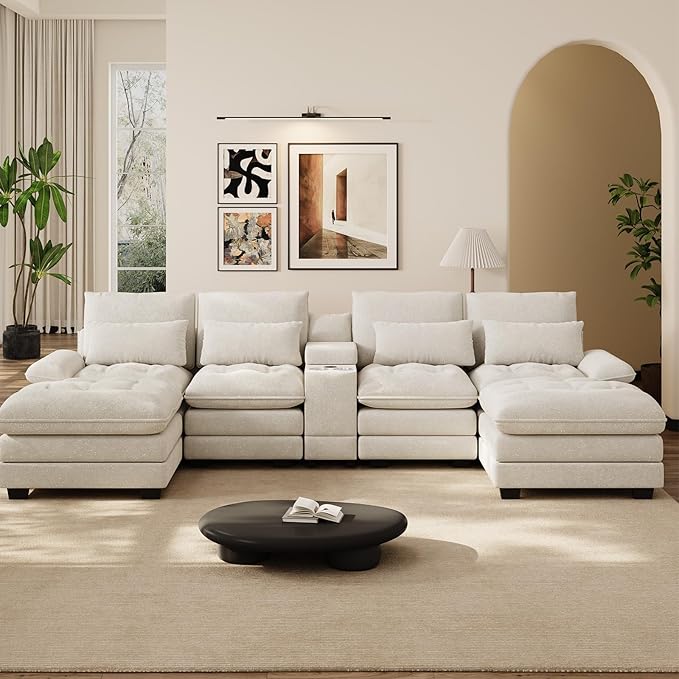 134 Oversized Beige Sectional Couches for Living Room with Glitter Fabric Fluffy Couch with Chaise Lounge&ampTufted Buttons U Shaped Sofa Set Chenille 6 Seater Couch with 2 Ottoman &amp Storage