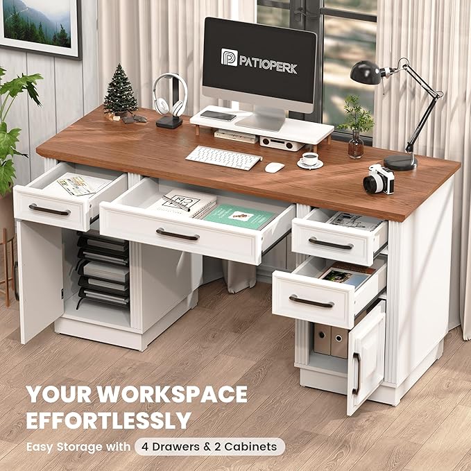 58 Farmhouse Executive Desk Wood Home Office Desk with Drawers Computer Desk with Drawers and Storage Cabinet Workstation for Office Home Ivory White