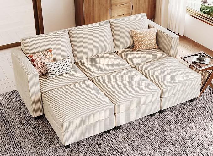 Belffin Corduroy Sectional Sleeper Sofa with Storage Ottoman Modular Luxury Sectional Sofa with Chaise Convertible Modern Sectional for Living Room Beige
