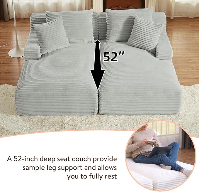 Oversized Double Chaise Lounge Chair Indoor Fluffy Upholstered Corduroy Sofa Bed with Throw Pillows Comfy Sleeper Deep Seat Sectional Loveseat Sofa Couch for Living Room (Light Gray)