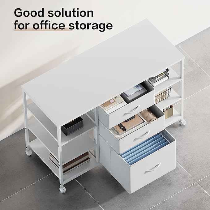 Mobile File CabinetLateral Filing Cabinet with 3 Fabric DrawersRolling Printer Stand with 4 Open Storage Shelf for Home Office White