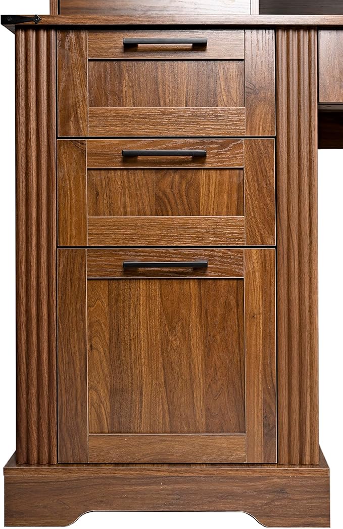 59-Inch Computer Desk with Power OutletsFarmhouse Executive Desk with File Cabinet DrawerLarge Office Desk with 6 Drawers and Desktop Movable ShelvesWriting Study Table for Home Office (Brown)