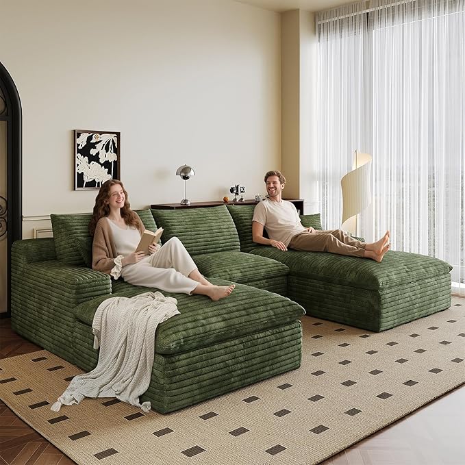 107 Cloud Sectional Couch U-Shaped Chaise with Ottoman Corduroy Boneless Couch for Living Room Bedroom Deep-Seat Upholstered Modular Cloud Sofa No Assembly Required (Green Right Facing Chaise)