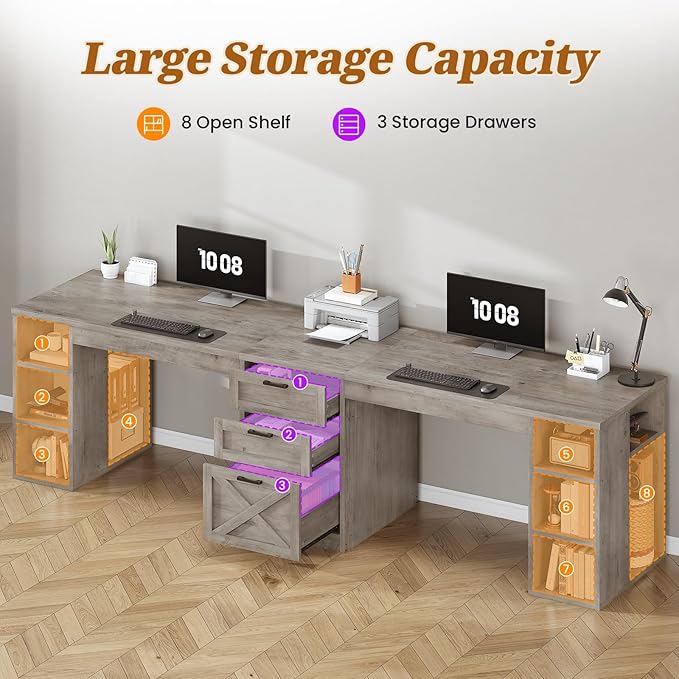 SEDETA Farmhouse 96.5 Computer Desk with Drawers 2 Person Home Office Desk Gaming Double Desk with Storage Shelves Long Two Person Writing Desk (Grey)
