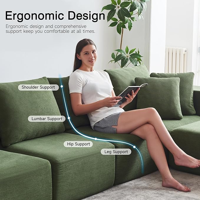 152'' Modular Sectional Sofa Oversized Corduroy Cloud Couch 6 Deep Seat Memory Foam Couch Green Sofa with 6 Pillows Boneless Couches for Living Room Office No Assembly Required