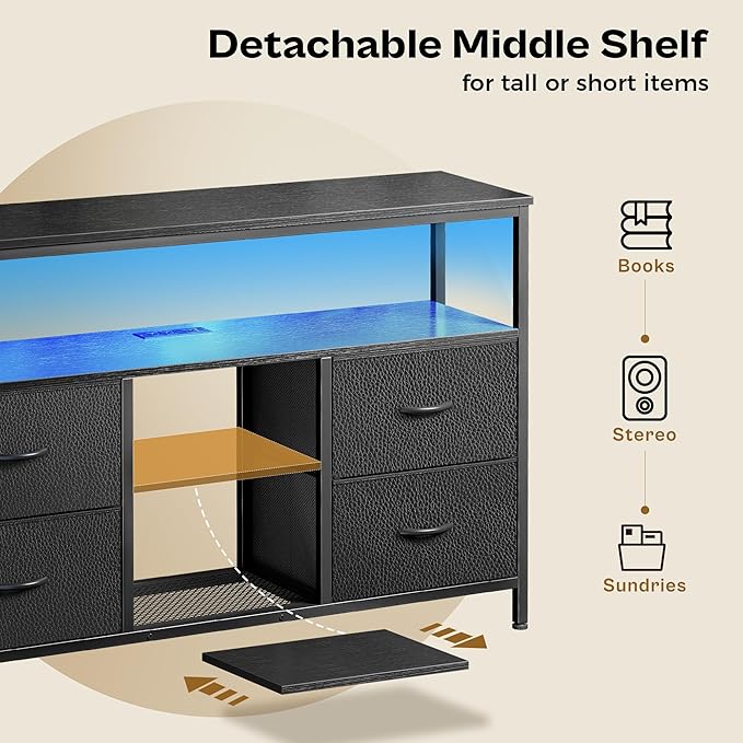 Huuger 47 Inch TV Stand Dresser with Power Outlets and LED Lights Fabric Dresser for Bedroom with Storage 4 Drawers Entertainment Center with Open Shelf Media Console for 55 50 Inch TV Black