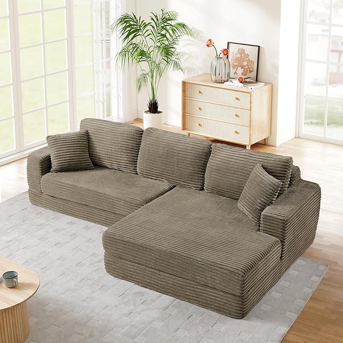 112.6 Oversized Fold Out Couch Bed King 3 in 1 Convertible Modern L Shape Cloud Modular Sectional Comfy Boneless Foam Couch Futon for Living Room No Assembly(Brown CorduroyRight Facing Chaise)