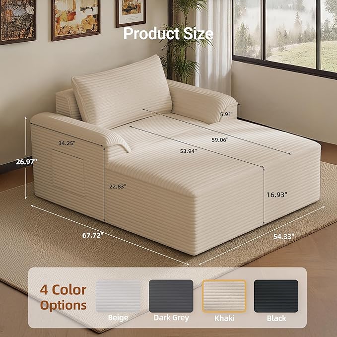 68 Overized Boneless Chaise Lounge Chair IndoorDeep Seat Sleeper Sofa Cloud Couch with PillowComfy Corduroy Boneless Cloud Seat for Living Room Apartment Office(Khaki Oversized Chaise Lounge)