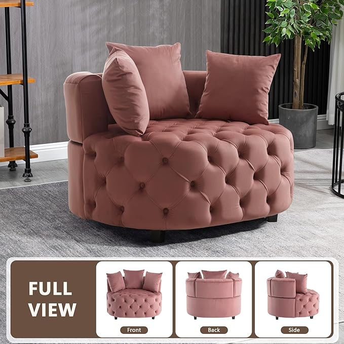 mikibama Oversized Accent Barrel Chair 40.6 W Velvet Upholstered Round Chair with Pillows Rubber Wood Legs Modern Lounge Reading Sofa Armchair for Living Room Bedroom