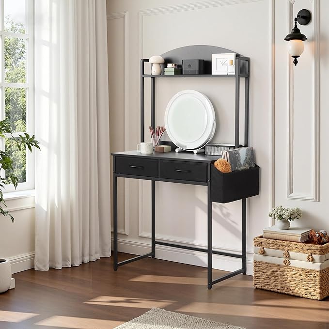 KATHY&ampBOB Freestanding Ladder Desk with Power Outlets Home Office Study Reading Desk with 2 Fabric Drawers and Side Bag Open Shelf Computer Gaming Desk Modern Vanity Dressing Makeup Table