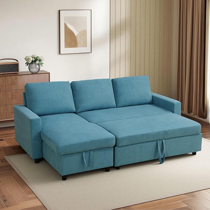 L-Shaped Sleeper Sofa with Chaise Lounge &amp Storage Pull-Out Couch Bed with Recliner Full Size Futon for Living Room Office Apartment Teal