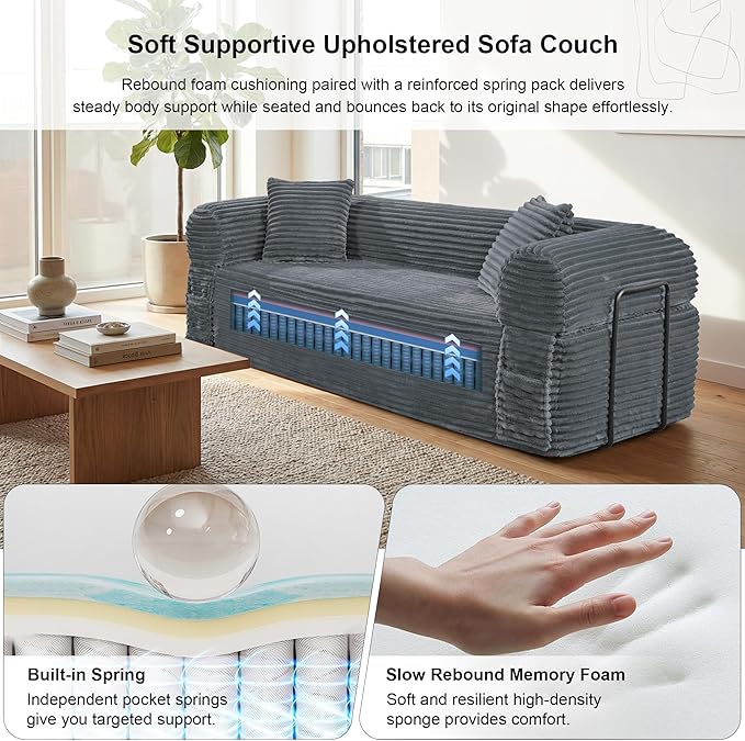83'' Boneless Couch in A Box No Assembly Needed Sofa Bed Couch 3 Seater Corduroy Modern Cloud Sofa 29'' Deep Seat with 2 Pillows &amp Removable Backrest for Living Room Bedroom Apartment Gray | N