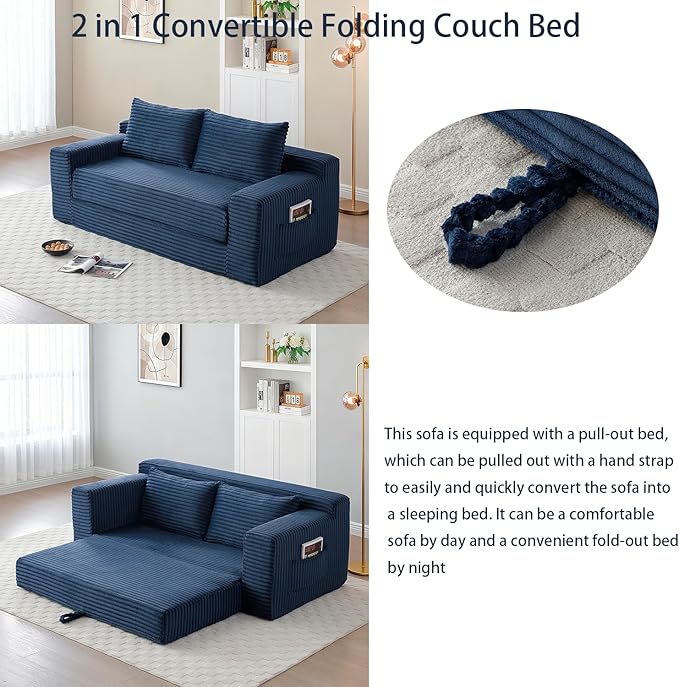 73 Memory Foam Cloud Loveseat Sofa 2 in 1 Convertible Folding Couch Bed Compressed Corduroy Floor Lounge Sofa No Assembly for Apartment Office Bedroom Living Room (Blue)