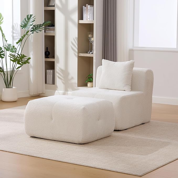 Folding Sofa Bed Convertible Floor Sleeper Chair Comfy Futon Floor Couch 2 in 1 Pull Out Single Boneless Sofa for Living Room Bedroom Removable Ottoman No Assemble Ivory