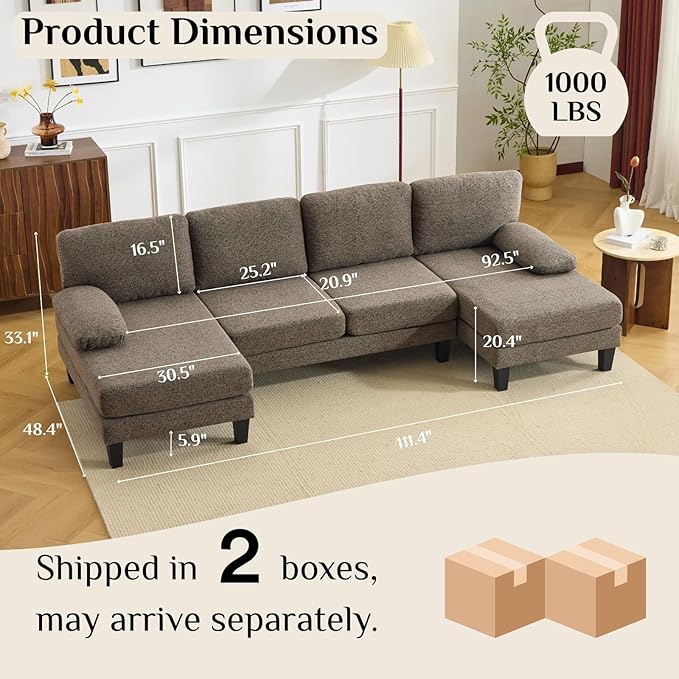 Karl home 110 Sectional Couches for Living Room U-Shape Sofa with Chenille Upholstery 4 Seat Sofa Set with Double Chaises &amp Wood Grain Legs for Apartment Brown