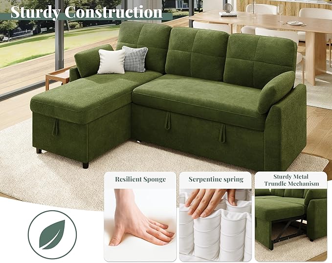 Jocisland Sofa Bed Sleeper Sofa with Storage Chaise Convertible Couch Bed with Pull Out l Shaped Couch for Living Room Linen Geen