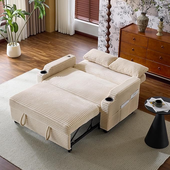 VINGLI Beige Futon Sofa Bed Convertible Loveseat Sleeper Sofa Couch Corduroy Pullout Sofa Fold Out Couch Bed with USB Ports Cup Holders Armrest for Living Room Bedroom Apartment Room | Loveseat Sl