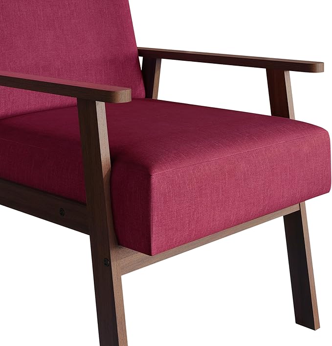 Mid-Century Modern Accent Chair Linen Upholstery Wooden Armrests Cushioned Seat Easy Assembly Pink