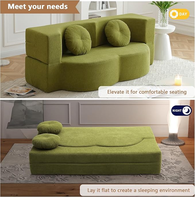 2-in-1 Folding Sofa Bed with Pillow No Assembly Futon Twin Size Sofa Bed Breathable Linen-Cotton Convertible Couch Bed for Living Room and Guest Room 75.5 InchGreen