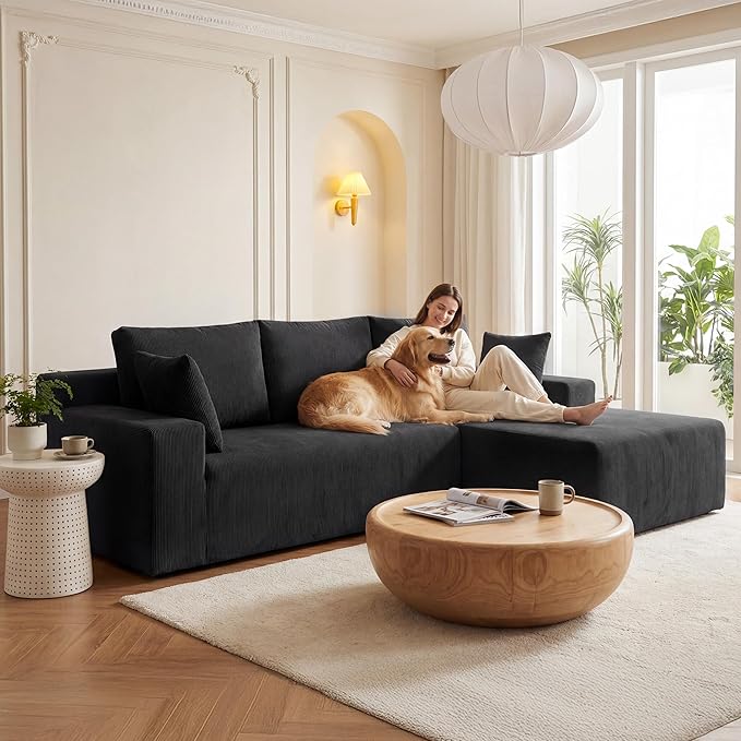 Cloud Sectional Boneless Couches for Living Room Modular L Shaped Couch with Deep Seat Oversized Right Facing Chaise Memory Foam Compressed Spineless Sofa for Bedroom Fine-Striped Black | Washable