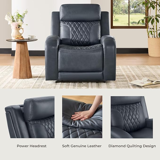 CHITA Genuine Leather Recliner Chair for Adults with Adjustable Power Headrest Lay Flat Power Recliner with Slide-Out Cupholders &amp USB/Type-C Ports Living Room Chair Navy Blue