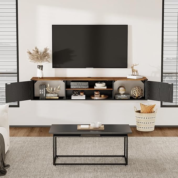 Floating TV Stand with Doors 63'' Farmhouse Floating TV Shelf for TVs up to 80 Inch 2 Tier Wall Mounted TV Stand Floating Entertainment Center TV Floating Cabinet for Living Room Bedroom Black