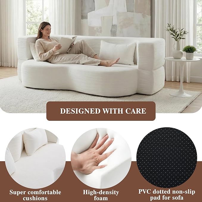Convertible Sofa Bed 78'' Queen Size Folding Sleeper Sofa with Pillow 2-in-1 Teddy Fabric Boneless Loveseat Floor Couch &amp Mattress for Living Room Guest Room No Assembly Required (White)