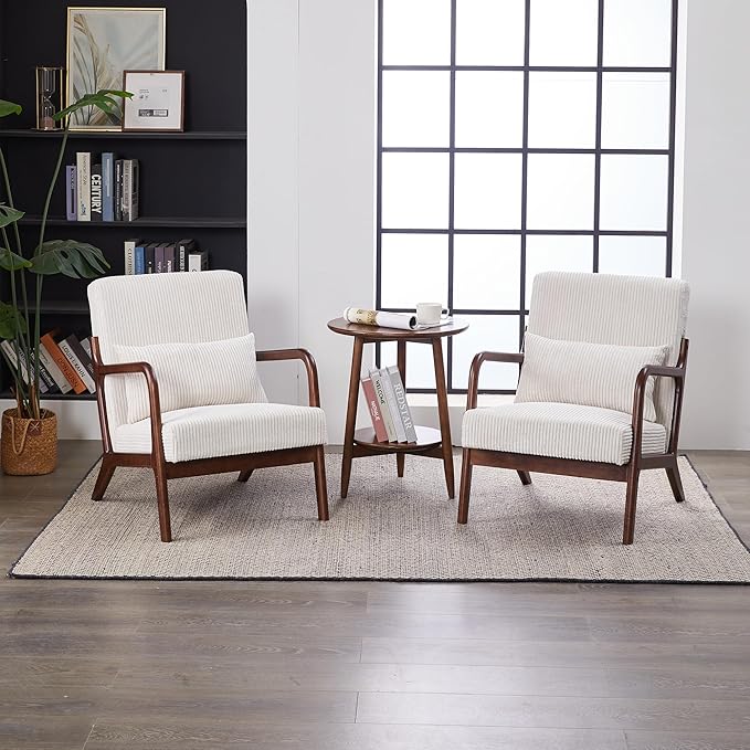 JOYBASE Mid Century Modern Accent Chair Lounge Reading Armchair with Wood Frame for Living Room Office Bedroom (Polyester Fabric Antique Beige)