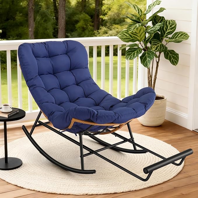 GAOMON Papasan Rocking Chair with Foot Rest Papasan Chair with Thick Removable Cushion and Metal Frame Lounge Chairs and PE Rattan Rocker for Patio Garden Lawn Living Room and Relaxation Space