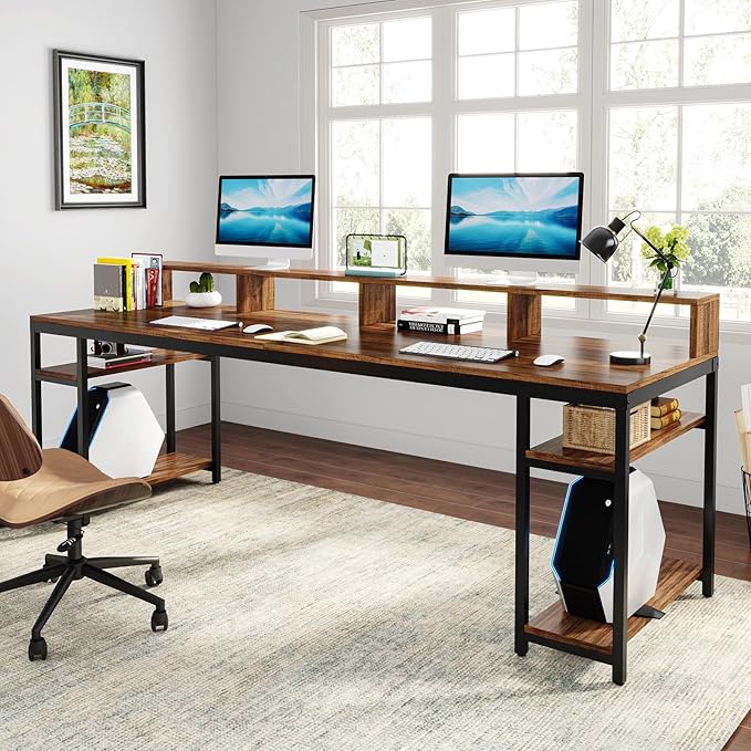 Tribesigns Two Person Desk with Monitor Stand 78.74 Long Double Computer Office Desk with Storage Shelves Large Gaming Study Writing Table Workstation for Home Office (Rustic Brown)