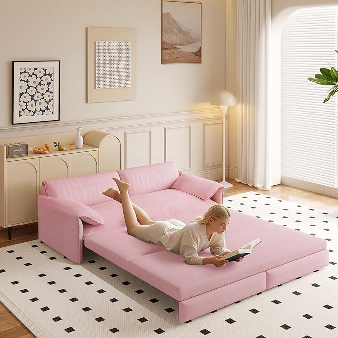Futon Sofa Bed Queen Size66 Pull Out Sofa Bed with Side Storage Multi-Functional Velvet Sleeper Sofa for Living Room Bedroom Apartment Office Small SpacePink