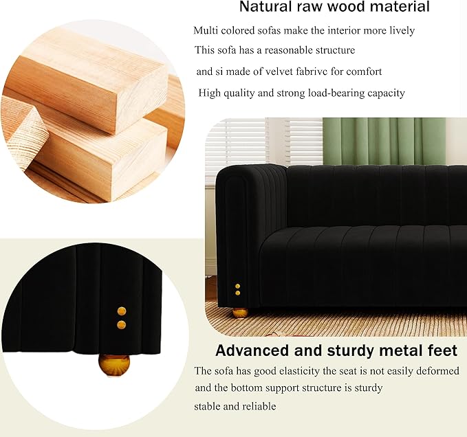 81 Black Velvet Couch for Living Room Large Modern Sofa Comfy Tufted Sofas Chesterfield Couches with Round Handrails and Metal Ball Legs Office Apartment Furniture