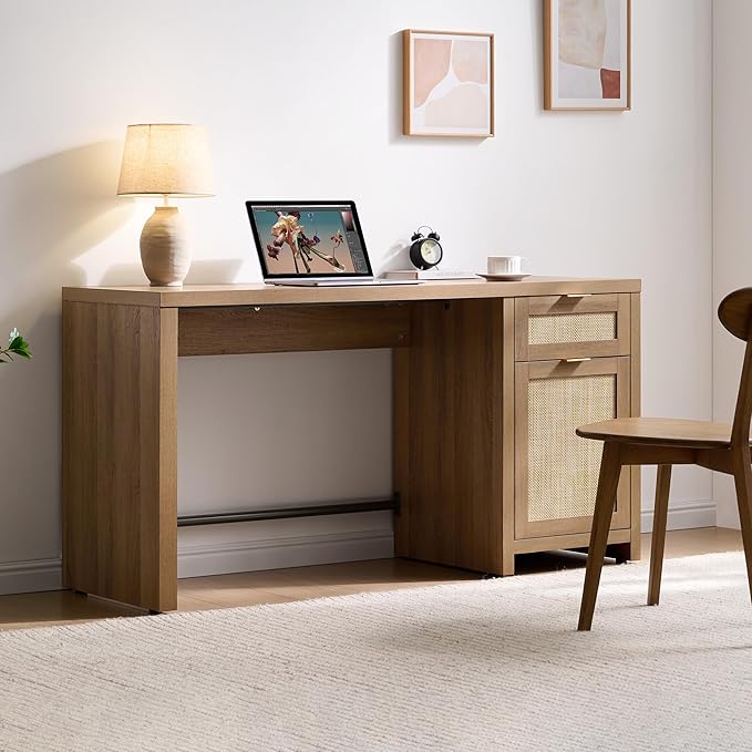 SICOTAS Rattan Executive Desk with Storage 59 Boho Home Office Desk with Cabinets and Drawers Large Computer Table Vanity Desk for Office Study Living Room Oak