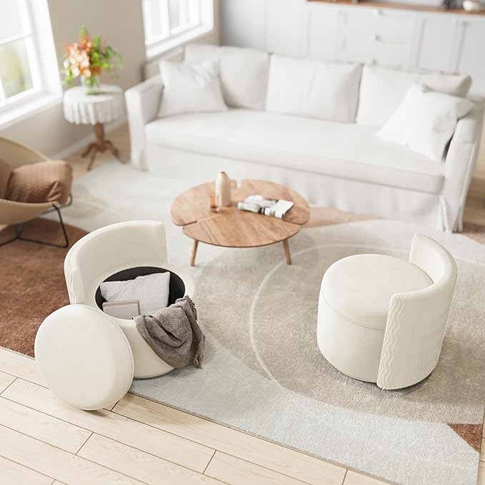 360° Swivel Accent Chair with Storage Vanity Stool with Back Velvet Storage Ottoman Upholstered Round Barrel Vanity Chair for Living Room Makeup Room Bedroom (Off White)