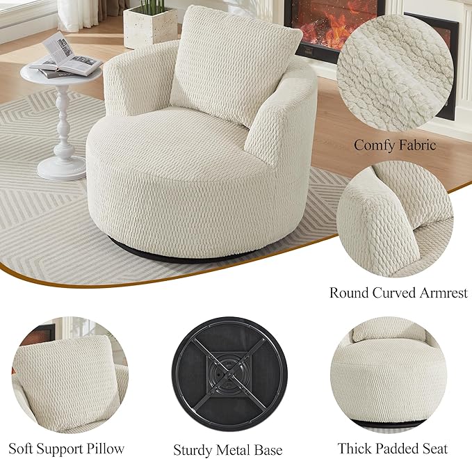 39.4'' Accent Chair for Living Room Chairs 360° Swivel Accent Chairs Upholstered Comfy Reading Chair for Bedroom Rotating Barrel Armchair with Metal Base for Apartment Office (1 Cream)