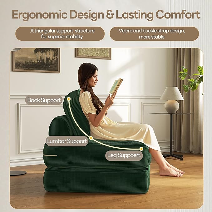 Dowinx Folding Sofa Bed with Pillow Convertible Comfy Couch Bed for Adults Home Lounge and Gaming Modern Comfortable Design for Apartment Living Room Bedroom Single Ribbed Velvet Green
