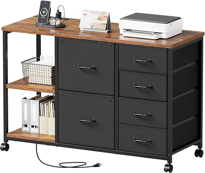 6 Drawer File Cabinet with Charging Station Rolling Printer Stand with Open Storage Shelf Fabric Lateral Filing Cabinet for Home OfficeRustic Brown