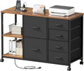 6 Drawer File Cabinet with Charging Station Rolling Printer Stand with Open Storage Shelf Fabric Lateral Filing Cabinet for Home OfficeRustic Brown