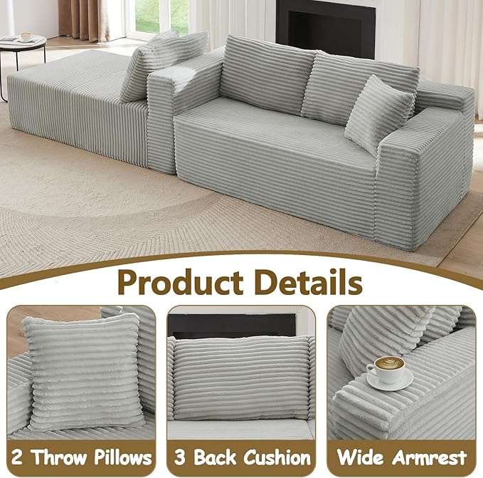 104 Boneless Sectional Couches L Shaped Couch with Deep Seat for Living Room Apartment Corduroy Memory Foam Couch with Comfy Pillows (Light Grey Left Chaise)