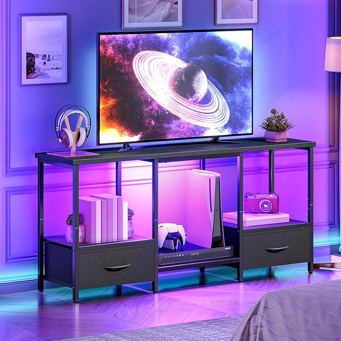HOOBRO LED TV Stand with Storage LED Entertainment Center with Open Shelves and Drawer Fits TVs up to 55 Television Stand for Living Room Bedroom Black BB123DDS01G1