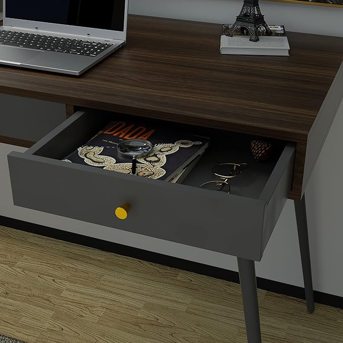 Update Writing Desk 47 with 3 Drawers|Modern Mid Century Desk for Home Office (Walnut + Dark Grey)