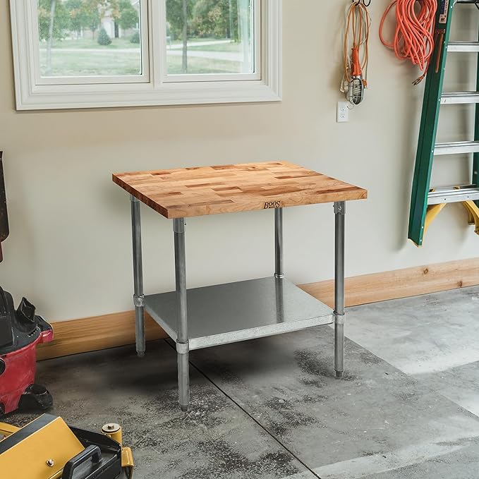 John Boos Maple Wood Top Work Table 36”x24”x36” – 1.5” Thick Tabletop 68-lb Kitchen Station with Wooden Edge-Grain Table &amp Steel Base &amp Adjustable Shelf