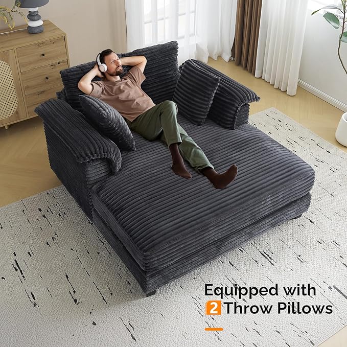 VINGLI Lounge Chair 56 Oversized Reading Chair Corduroy Chaise Sofa Recliner Bed Upholstered Comfy Sleeper Couch with Throw Pillows and Armrests for Living Room Movie Room Bedroom