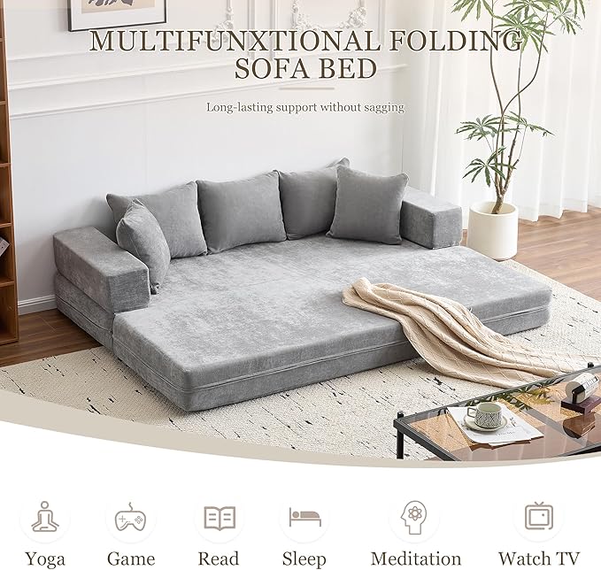MELLCOM 79 Convertible Folding Sofa Bed Queen Sleeper Sofa Couch with Armrest and Pillows Chenille Fold Out Floor Chaise Lounge Comfy Foldable Futon Mattress for Living Room Bedroom (Grey 7.87)