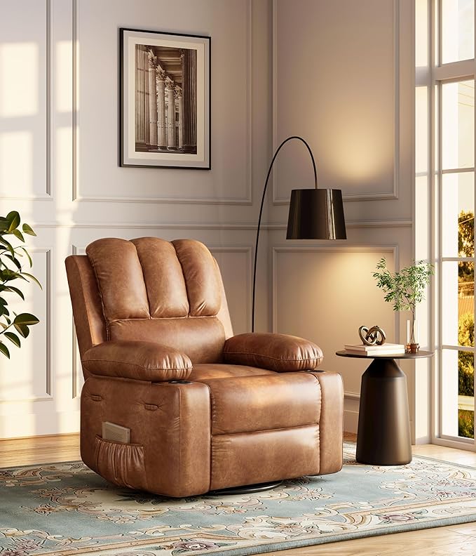 22 in Leather Recliner Chair for Adults Overstuffed Manual Recliner Single Sofa with Cup Holder &amp Side Pockets 400 LBS Capacity Upholstered Chair for Living Rooms Brown