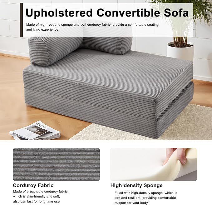Folding Sofa Bed Convertable Corduroy Couch Convertible Sofa with Fixed-Shape Frame Modular Sectional for Living Room No Assembly Compression Foldable Sleeper (Gray)